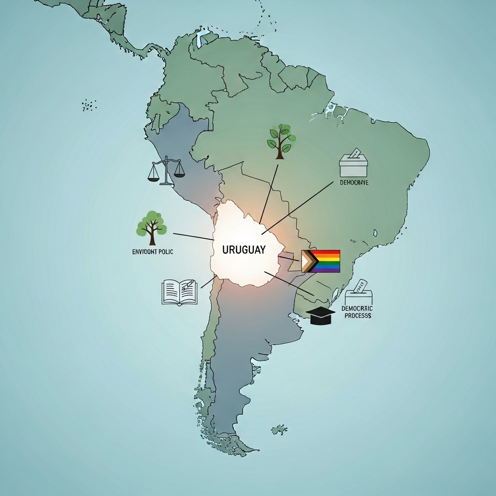 A clean infographic-style map of Latin America highlighting Uruguay's location, with symbolic elements representing progressive legislation, soft lighting and professional design, educational illustration style, no text