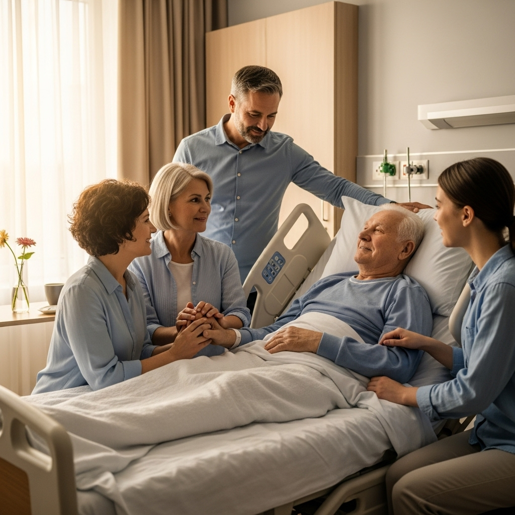 A peaceful hospital room scene showing an elderly patient surrounded by caring family members, soft natural lighting through windows, emotional but dignified atmosphere, lifestyle photography capturing human connection and comfort, no text