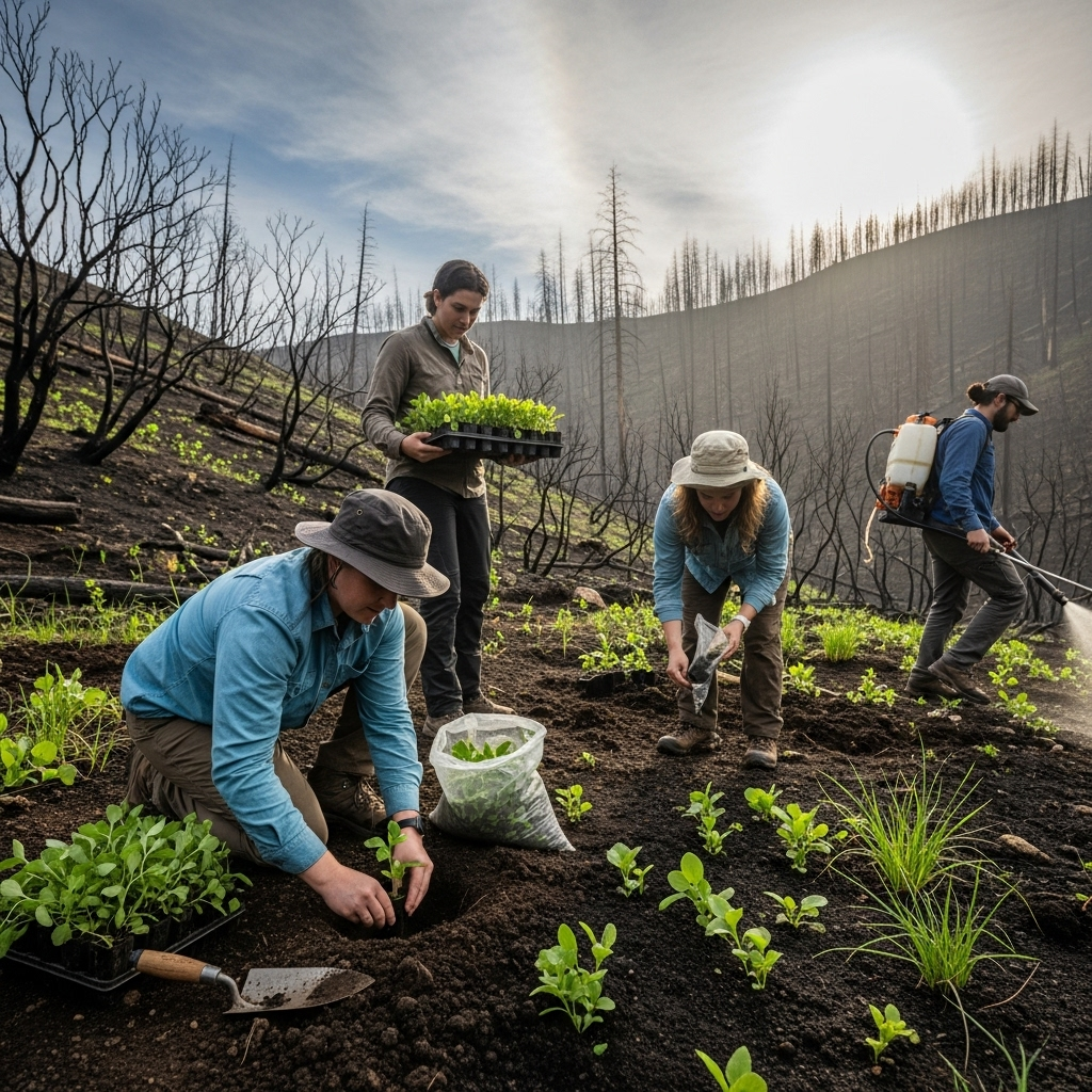 Restoration work in a fire-damaged landscape with scientists planting seeds and seedlings, showing recovery and regrowth after wildfire, hopeful atmosphere with new green growth emerging, documentary photography style, no text