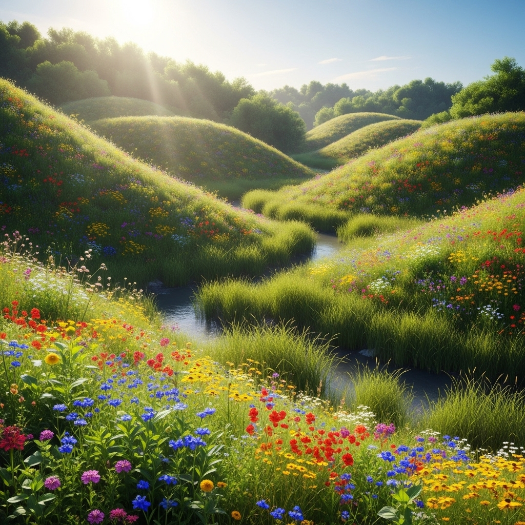 A lush, biodiverse landscape with various plants and flowers thriving, representing successful conservation efforts and environmental restoration, bright natural lighting, inspiring and hopeful atmosphere, wide landscape view, no text