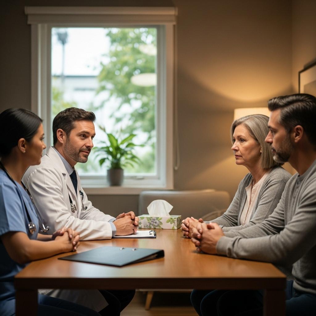 A quiet consultation room with medical professionals discussing with family members, serious but compassionate atmosphere, professional healthcare setting with warm lighting, realistic photography showing dignified medical consultation, no text