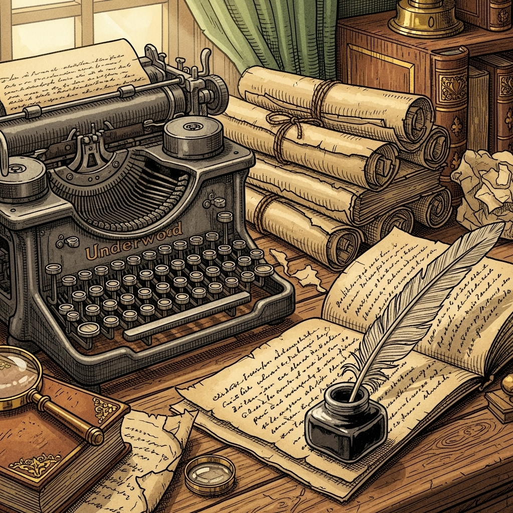 Illustration of a vintage typewriter and old manuscripts, perhaps with a quill pen and ink, hinting at newly discovered stories. The atmosphere is warm and literary, with soft light. Style: historical illustration. No text.