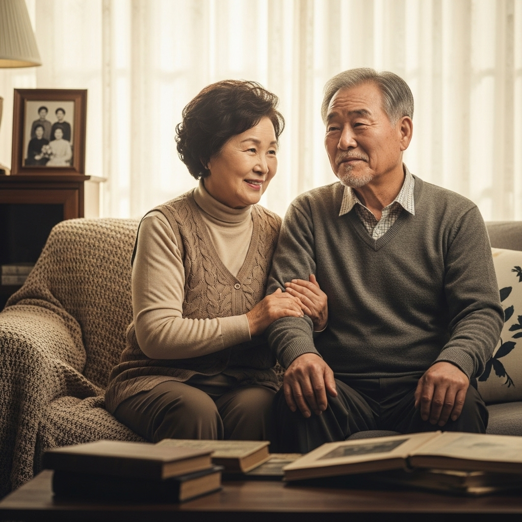 Lifestyle photography of an older Korean woman and man, sitting together and reminiscing, with a warm, nostalgic atmosphere, suggesting family memories and storytelling. No text.