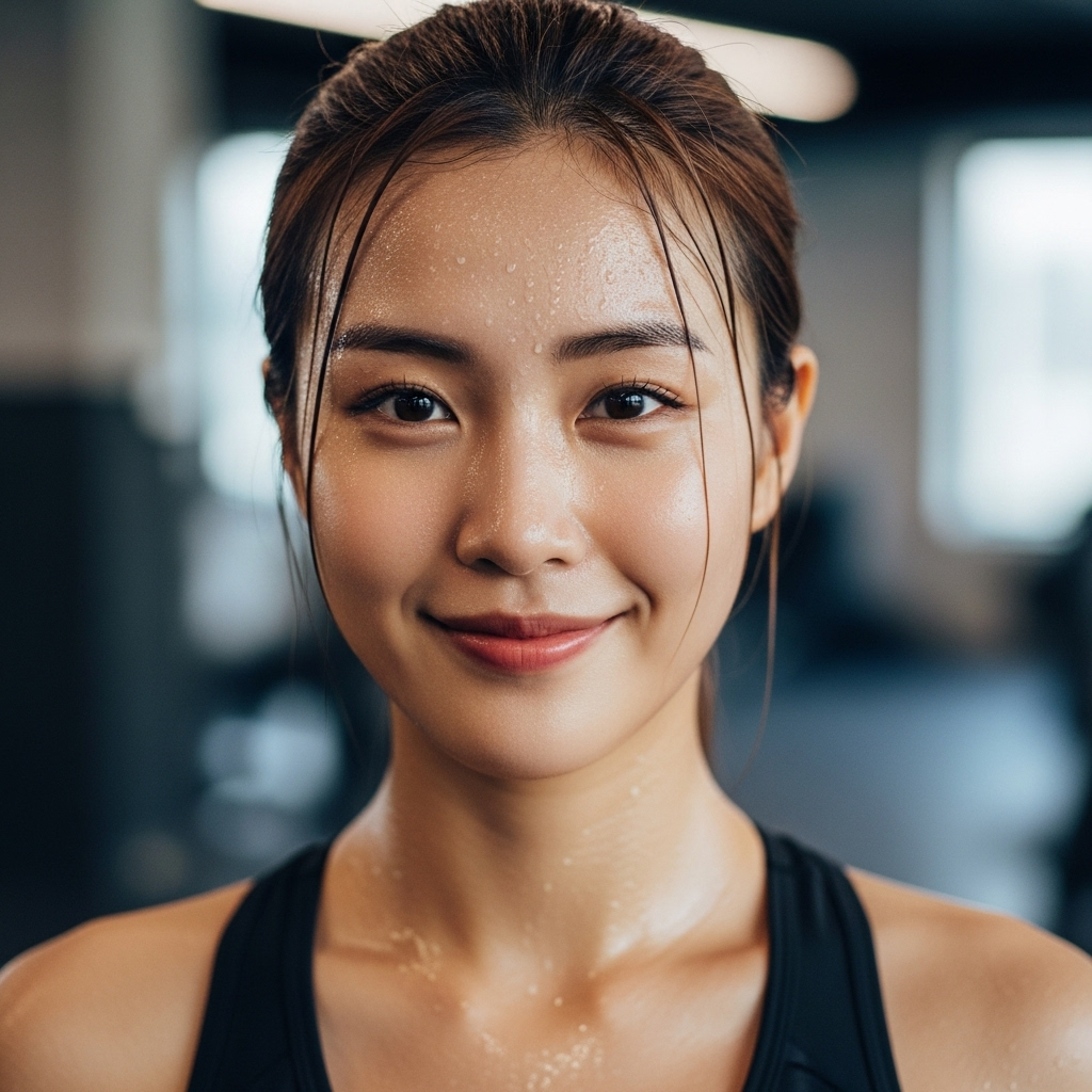 Young Korean woman with glowing sweaty skin after workout, healthy post-exercise glow, satisfied expression, gym environment, natural lighting highlighting perspiration as beautiful, lifestyle photography, no text