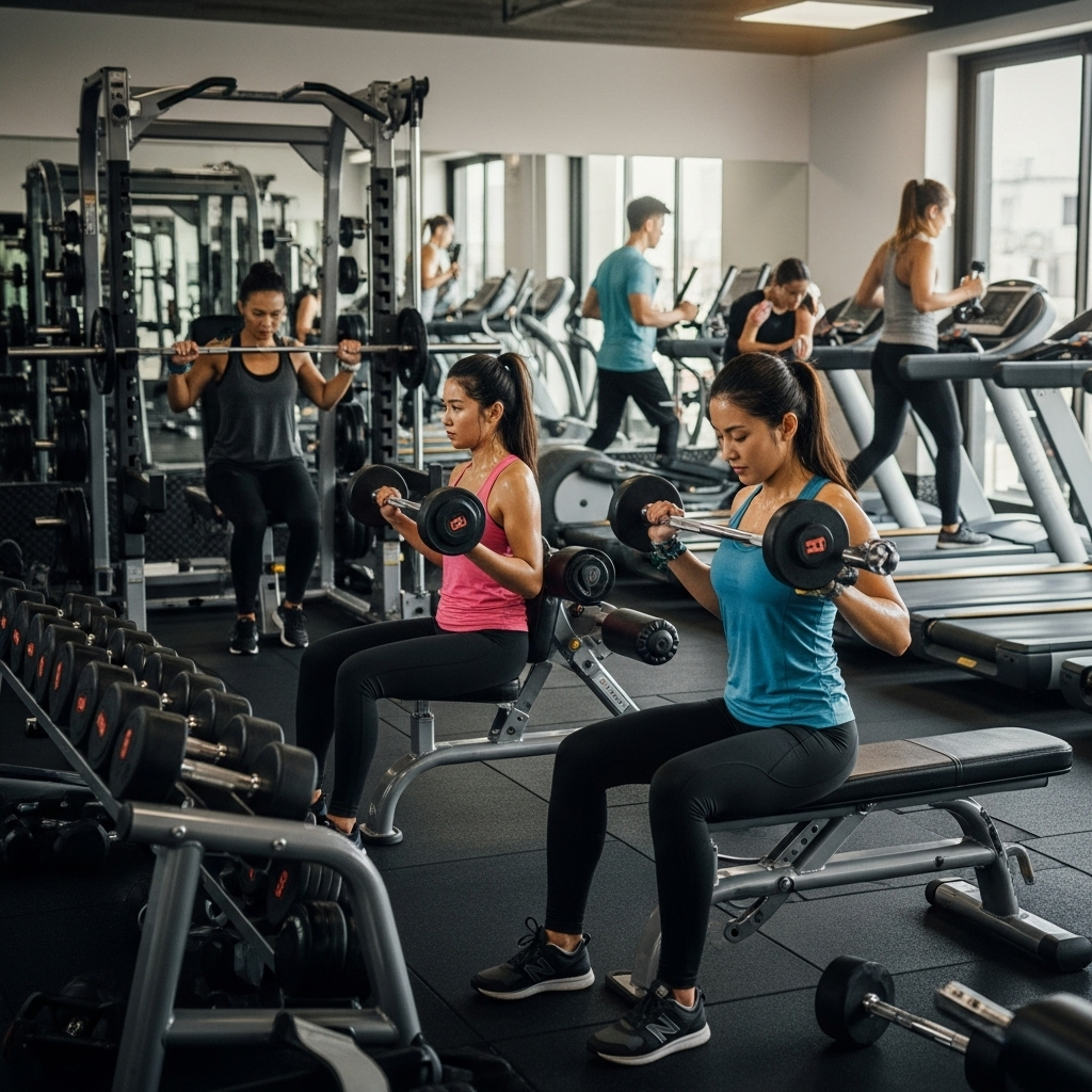 People exercising intensely in a modern gym, visible sweat, determined expressions, various workout equipment, energetic atmosphere, natural gym lighting, lifestyle photography showing sweat as achievement, no text