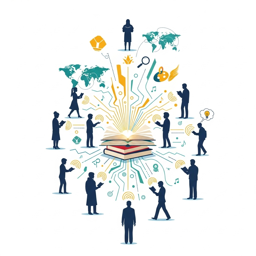 Infographic representing the widespread impact of literature, with books open and light radiating from them, reaching diverse readers. Focus on positive influence and cultural resonance. Style: clean infographic. No text.