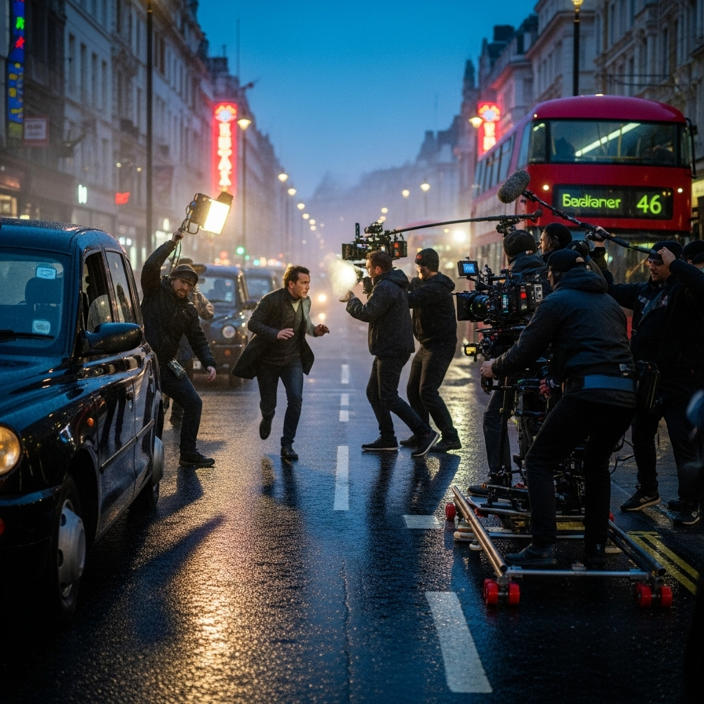 A lively photo of a film crew shooting a thriller in London streets at dusk, rainy atmosphere, realistic lighting, no text.