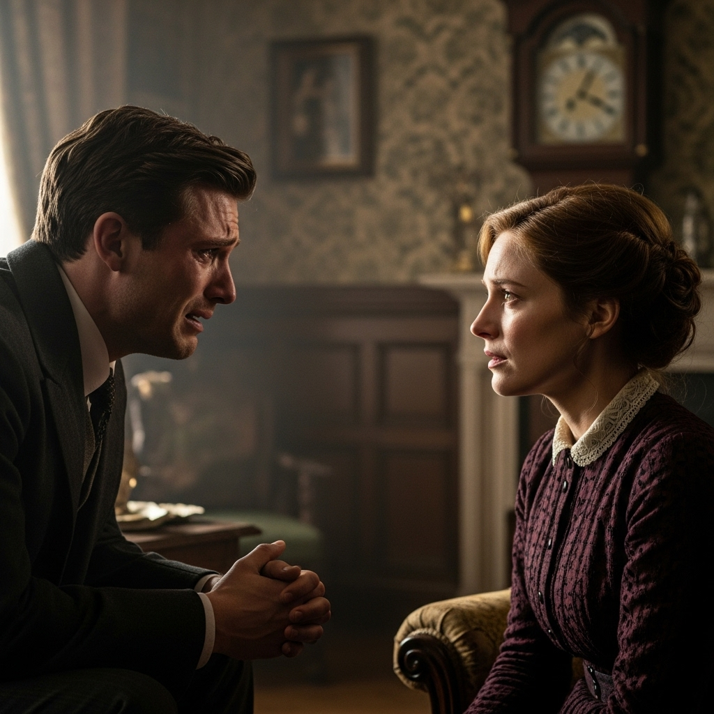 Dramatic still of two British actors engaged in emotional dialogue indoors, soft lighting, cinematic mood, no text.