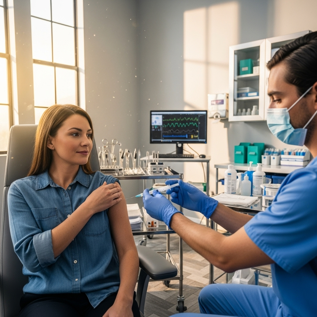 A medical professional administering an injection to a patient in a clean, modern healthcare setting. The scene shows a comfortable medical consultation room with natural lighting, focusing on the injection procedure. Professional atmosphere with medical equipment visible in background. No text.