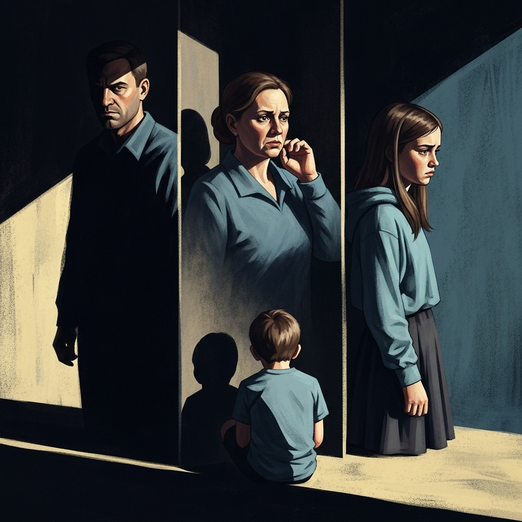 An expressive illustration showing family members separated by shadows and light, symbolizing secrets and tension, painterly style, no text.