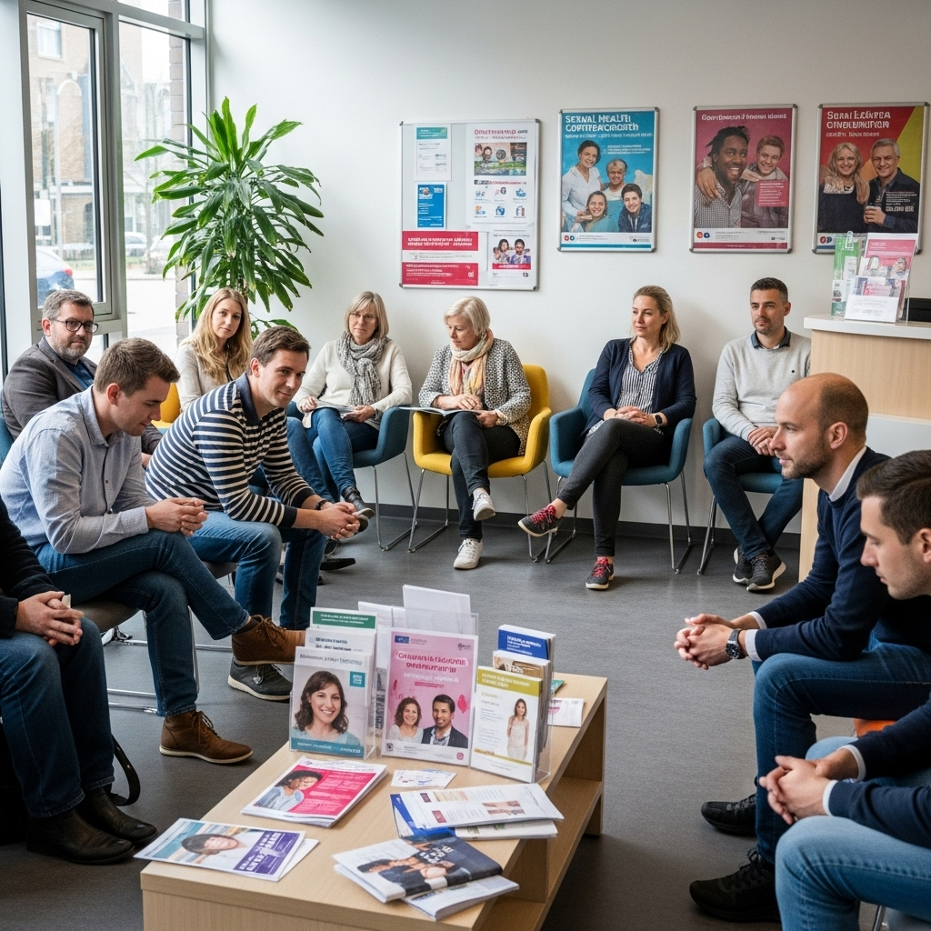 Diverse group of adults and young people in a sexual health clinic waiting area, showing a supportive and inclusive healthcare environment. Modern clinic interior with comfortable seating and educational materials. Natural lighting creating a welcoming atmosphere. No text.
