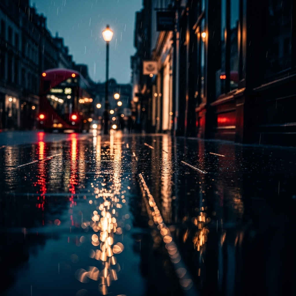 A moody nighttime London street with dim lights and rain reflections, evoking suspense and mystery, realistic photography style, no text.