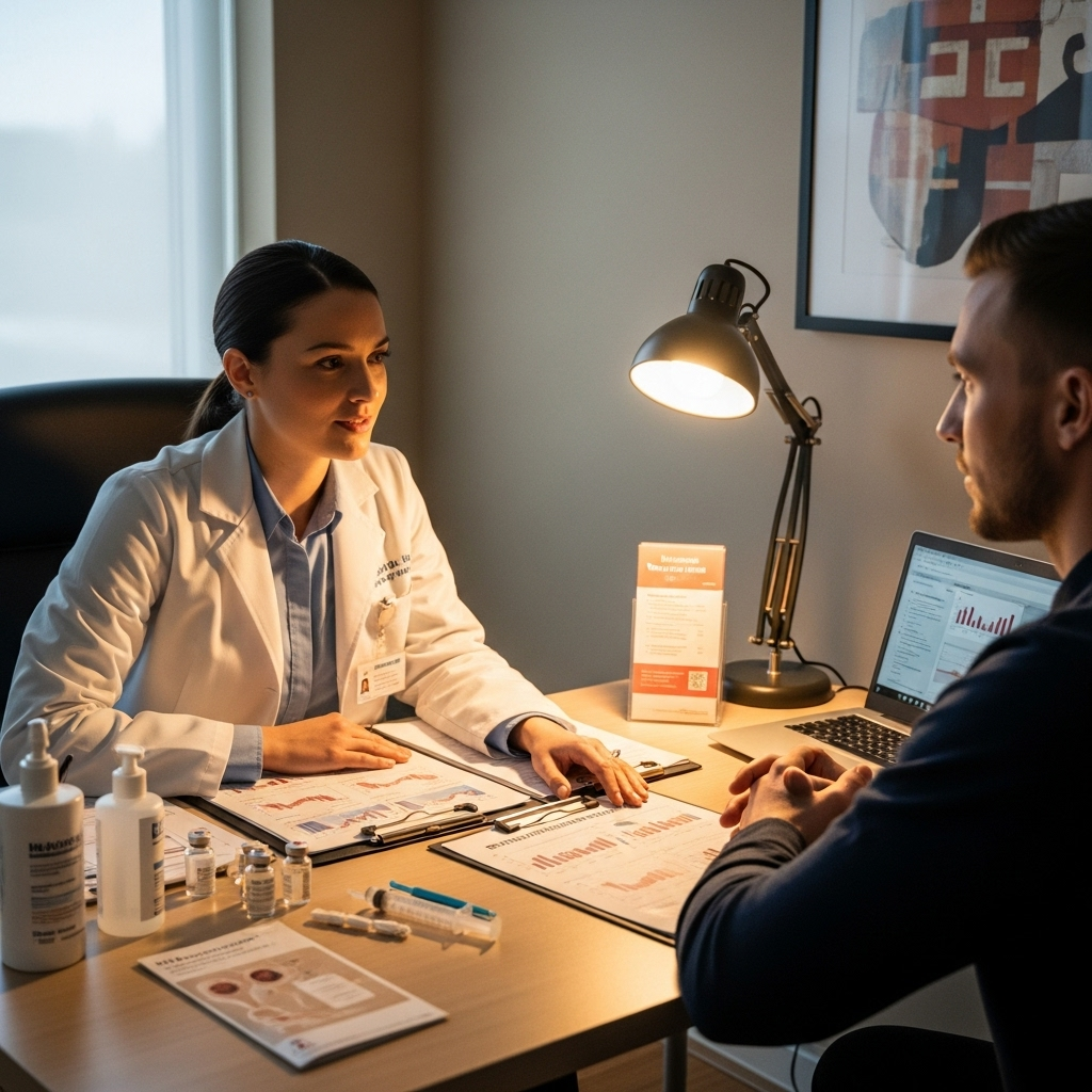 Healthcare professional explaining HIV prevention treatment options to a patient, with medical charts and injection equipment visible on the desk. Professional medical consultation setting with warm, reassuring lighting. Focus on communication and patient care. No text.