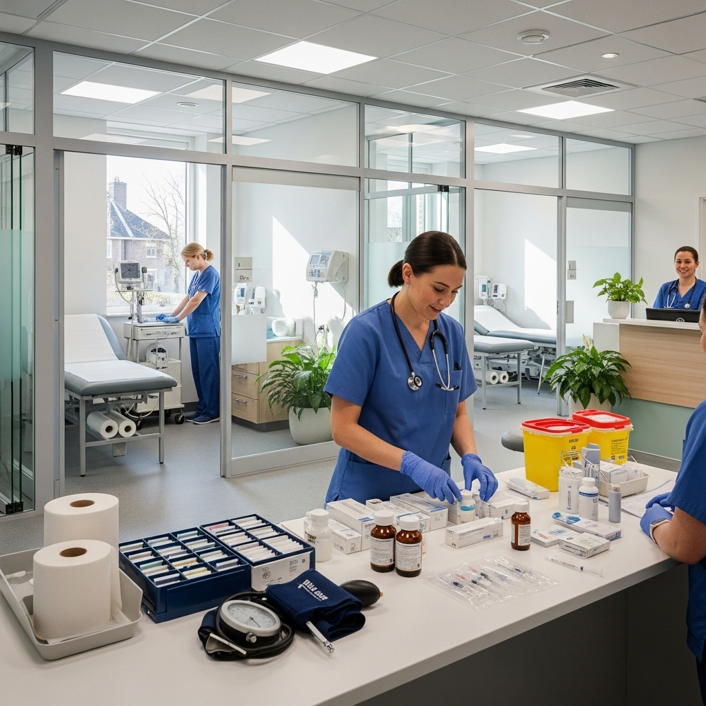 Modern sexual health clinic interior with comfortable patient consultation rooms, medical equipment, and welcoming atmosphere. Clean, professional healthcare environment with natural lighting and privacy-focused design. Healthcare workers preparing HIV prevention treatments. No text.