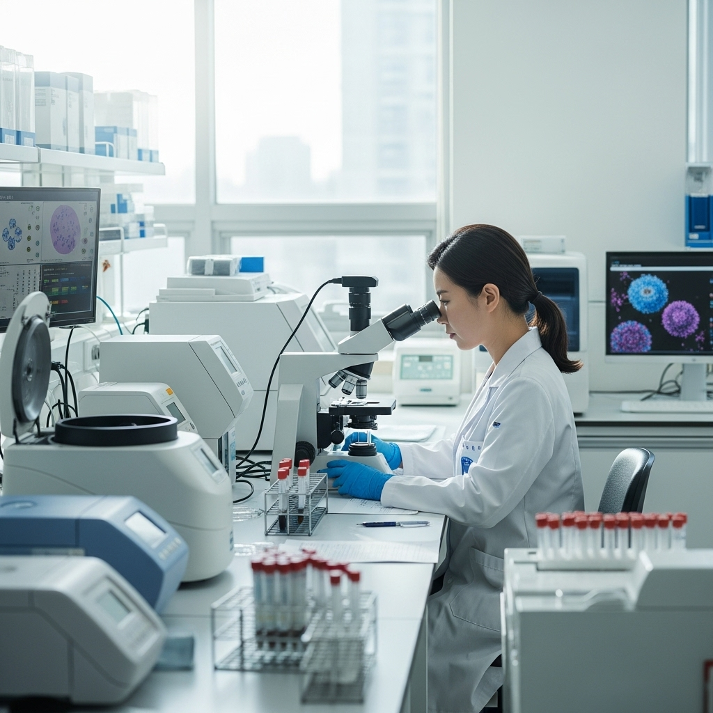 a realistic illustration of a Korean hospital laboratory where a scientist analyses blood samples for cancer detection, soft daylight tone, clean and hopeful atmosphere, no text