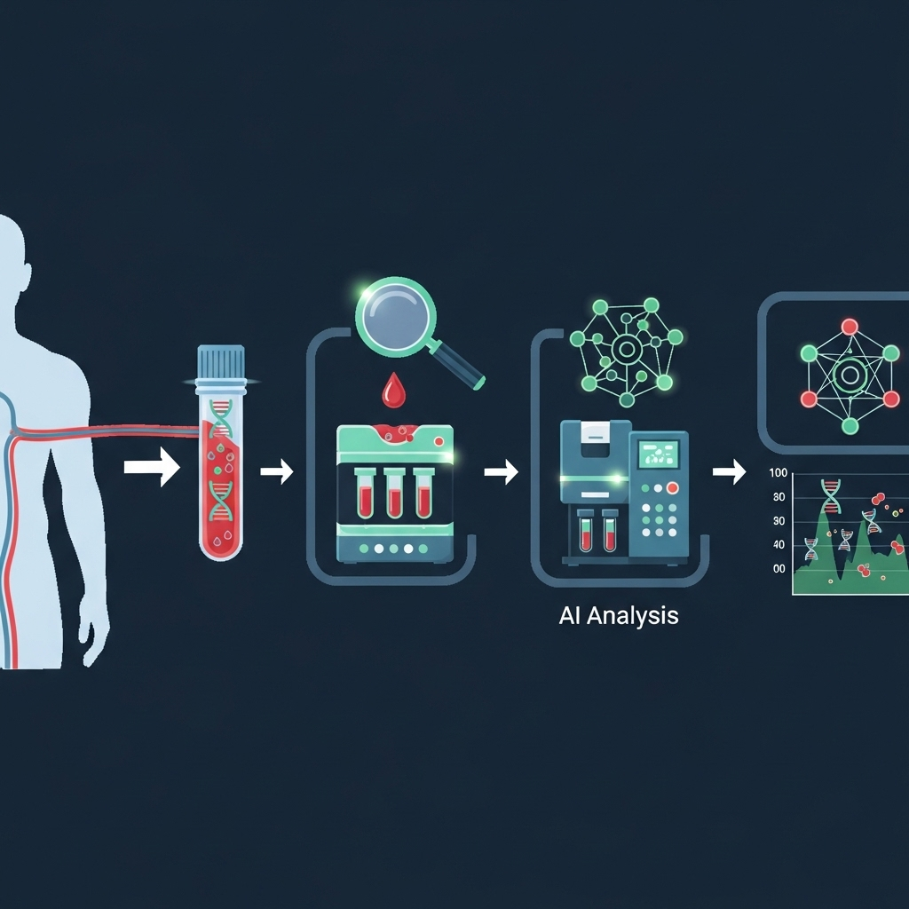 infographic showing how circulating tumor DNA is detected in blood using AI analysis, clean medical design, no text