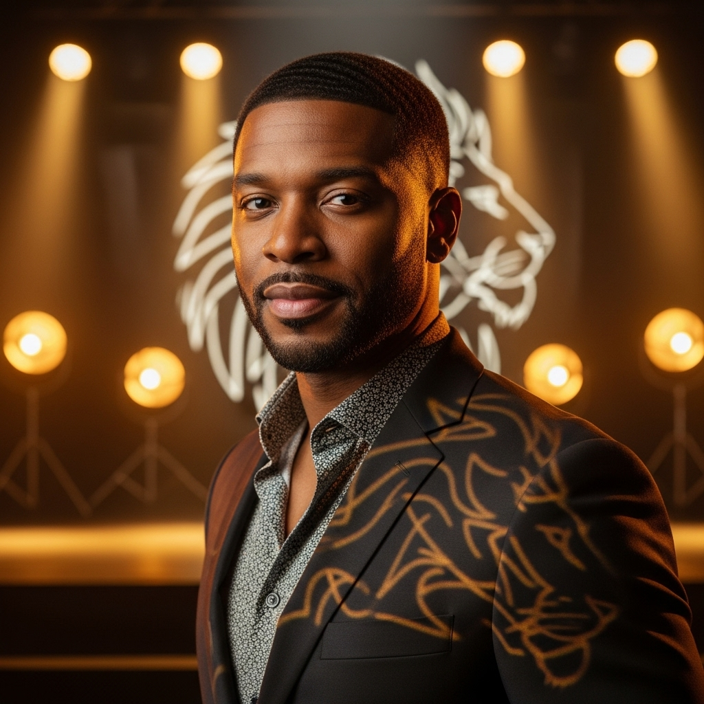 A professional headshot-style portrait of a confident African-American actor surrounded by golden theatrical spotlights, with subtle lion-themed elements in the background. Warm lighting, cinematic quality, no text.