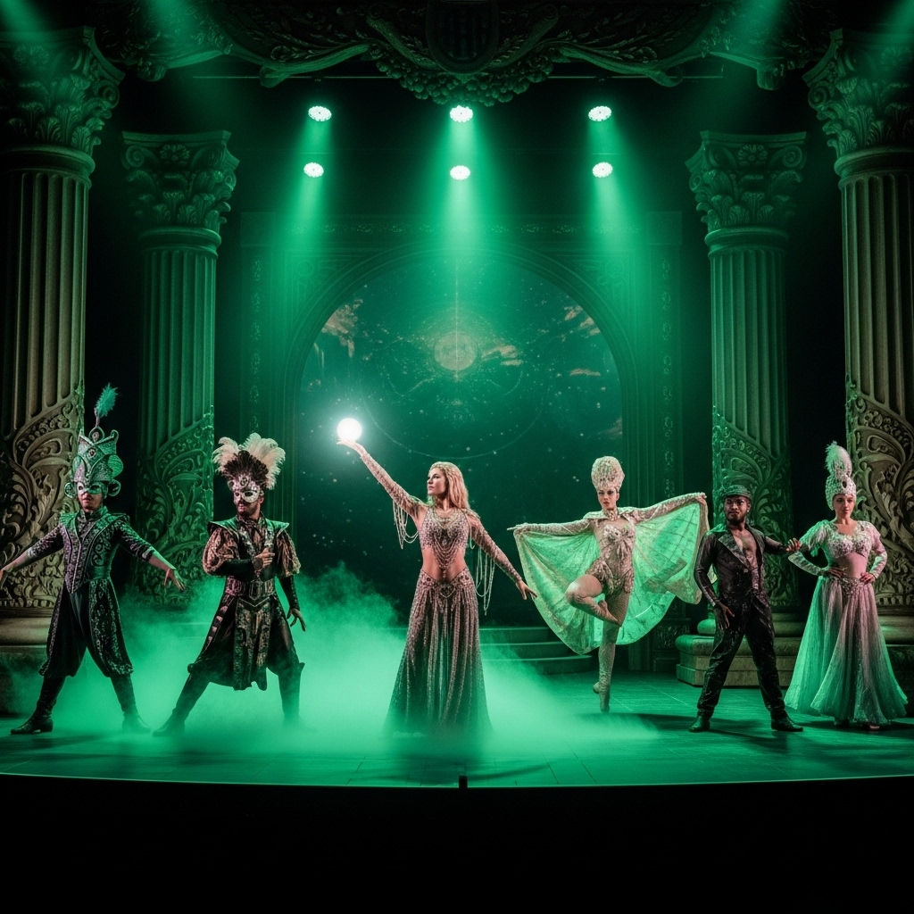 A group of diverse theatrical performers in elaborate costumes on a grand stage with emerald green lighting and magical atmosphere. Broadway-style production with rich details, dramatic lighting, no text.