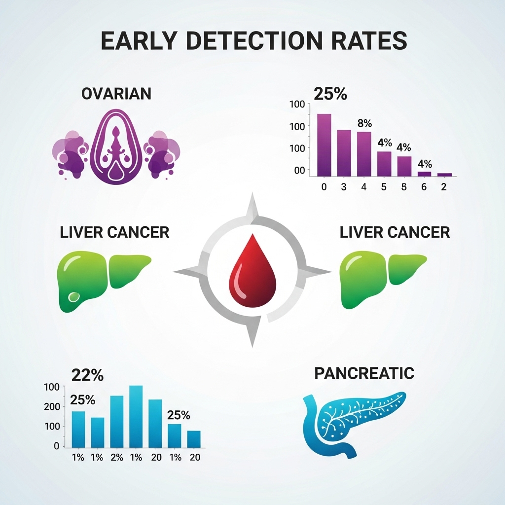 infographic showing early detection rates for various cancers (ovarian, liver, pancreatic) using a blood test, professional design, no text