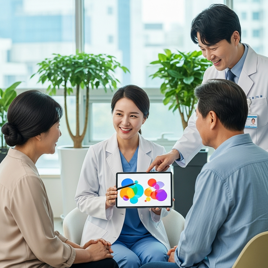 Korean hospital setting with doctors explaining cancer stages to a patient, warm and hopeful tone, lifestyle photography, no text