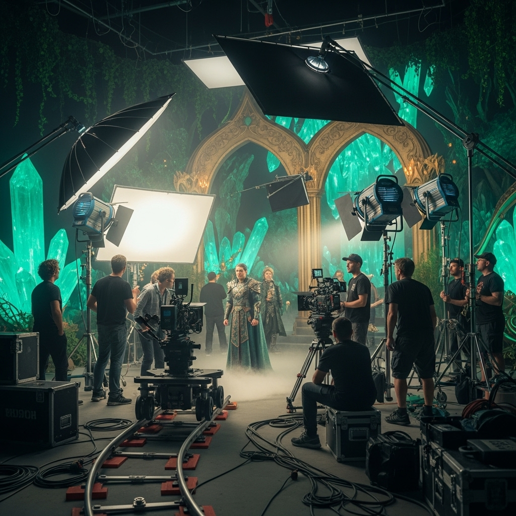 A bustling film studio set with elaborate magical scenery, cameras, lighting equipment, and crew members working. Behind-the-scenes atmosphere with emerald and gold color scheme, professional cinematography setup, no text.