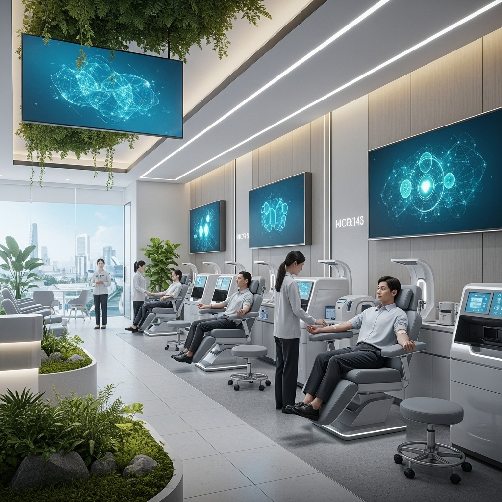 illustration of a futuristic Korean health clinic where patients get blood-based cancer screening, modern and calm atmosphere, no text