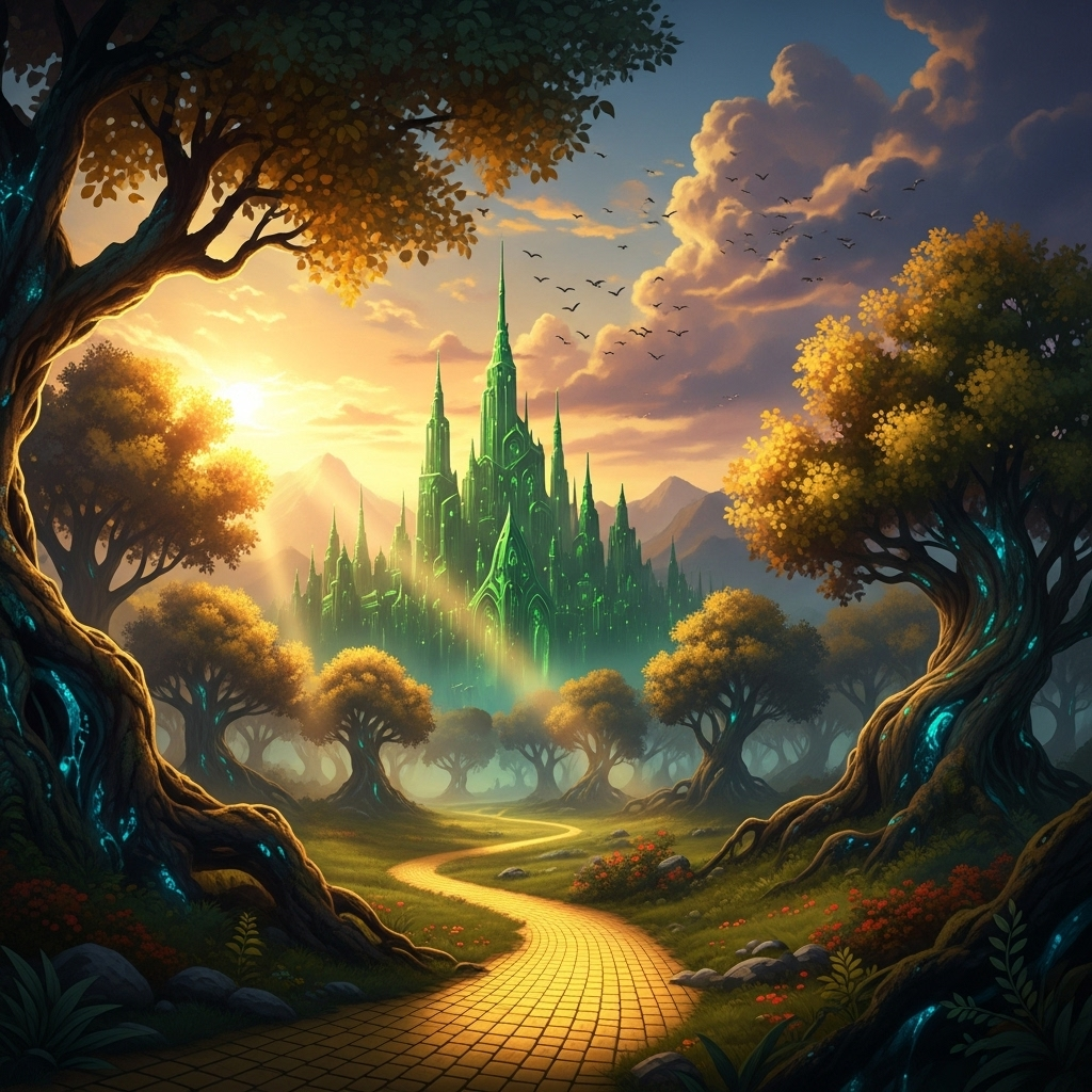 A magical fantasy landscape with emerald city in the distance, yellow brick road winding through mystical forests, dramatic sky with golden sunset lighting. Cinematic fantasy art style, rich colors, no text.