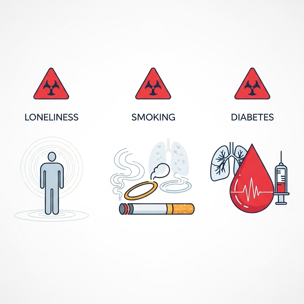 An infographic illustrating the concept of loneliness as a public health risk, comparing it to smoking and diabetes. Show abstract figures representing isolated individuals and health-related icons. Style: clean infographic. No text.