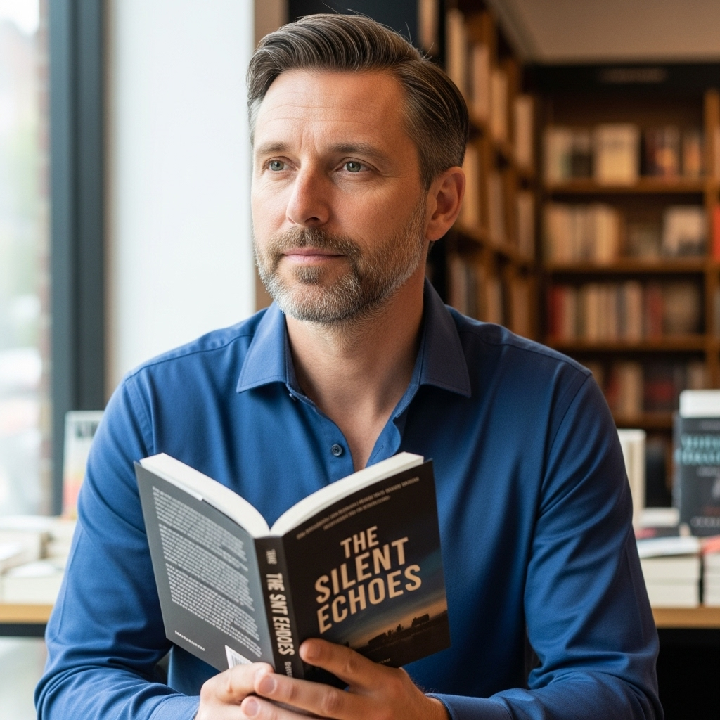 A realistic book cover or memoir publication scene featuring a thoughtful man in his 40s holding a published book, with soft natural lighting in a modern bookstore or library setting. Clean, professional atmosphere with no text visible.