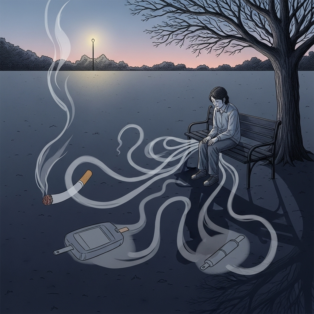 A thought-provoking illustration depicting loneliness as a hidden danger, with subtle visual comparisons to risks like smoking and diabetes. Show a person in a calm but isolated setting, with shadows or abstract elements hinting at health consequences. Style: thoughtful illustration. No text.
