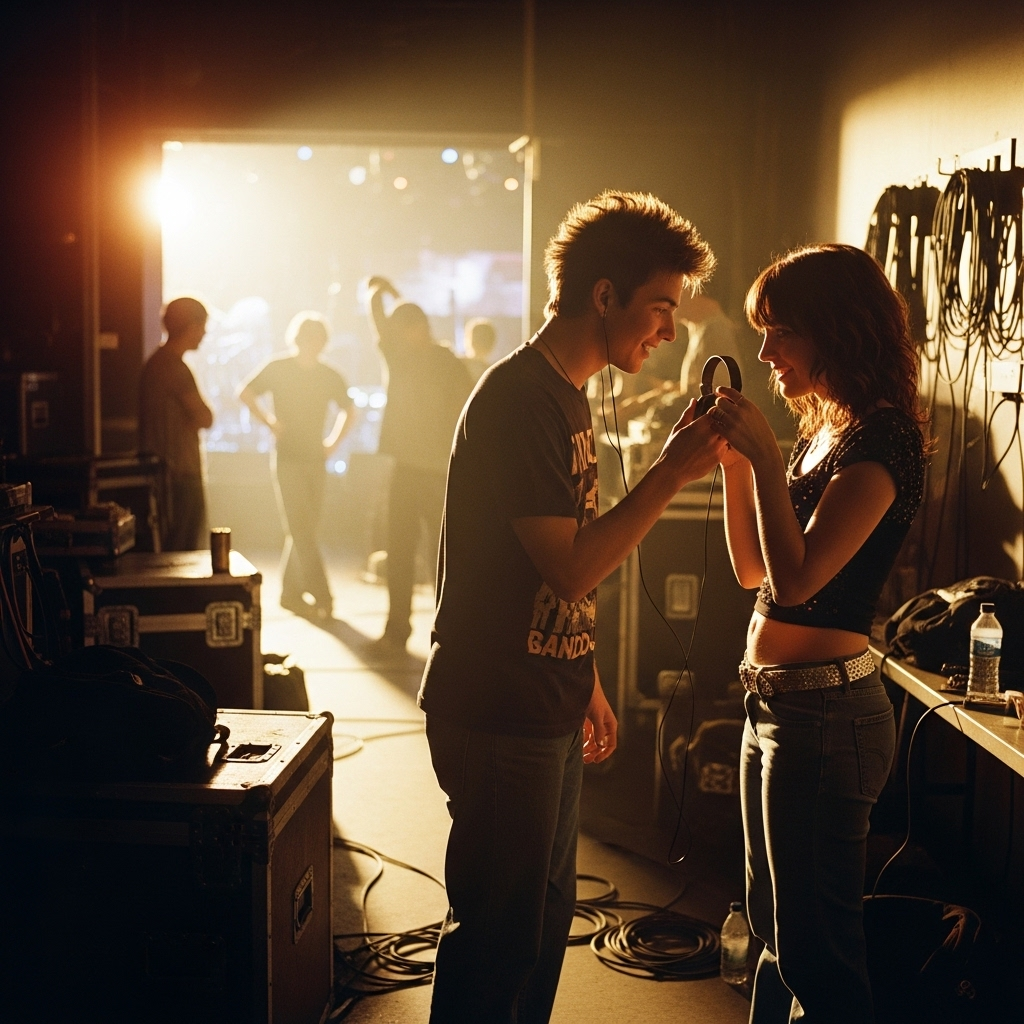 A nostalgic early 2000s scene showing a young couple meeting backstage at a concert venue, with warm golden lighting and casual dance rehearsal atmosphere. Lifestyle photography style capturing the beginning of their relationship, no text.