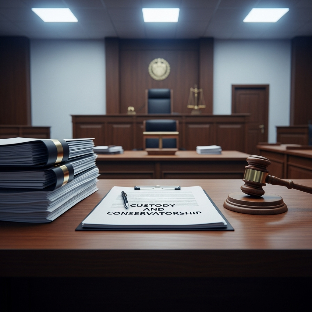 A serious courtroom scene with legal documents and gavel on a wooden desk, representing custody and conservatorship proceedings. Professional lighting with formal legal atmosphere, clean and organized setting, no text.