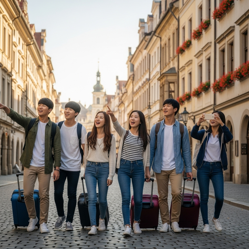 A lifestyle photo of Korean students arriving in a European city, carrying luggage and wearing excited expressions, capturing natural lighting and soft morning tones. No text.