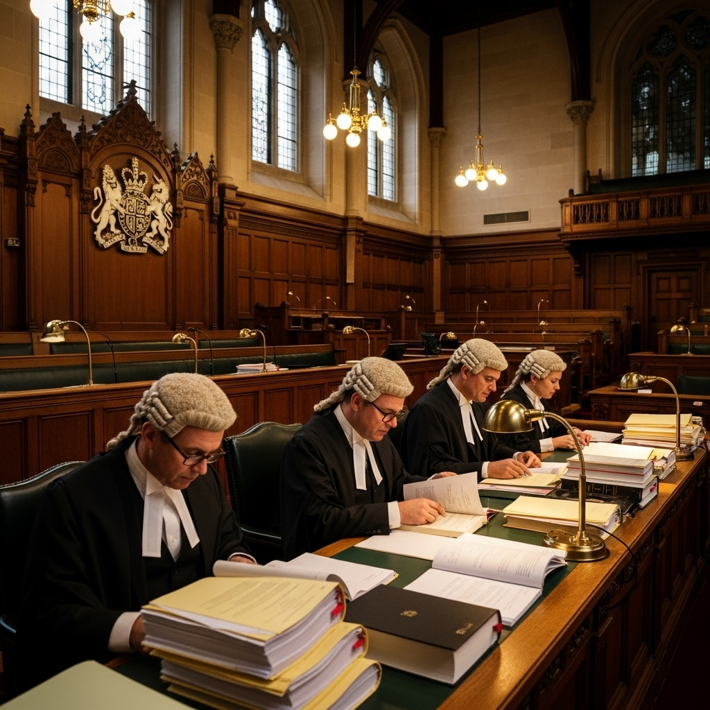 realistic courtroom interior in London Court of Appeal, judges reviewing documents under warm lighting, no text