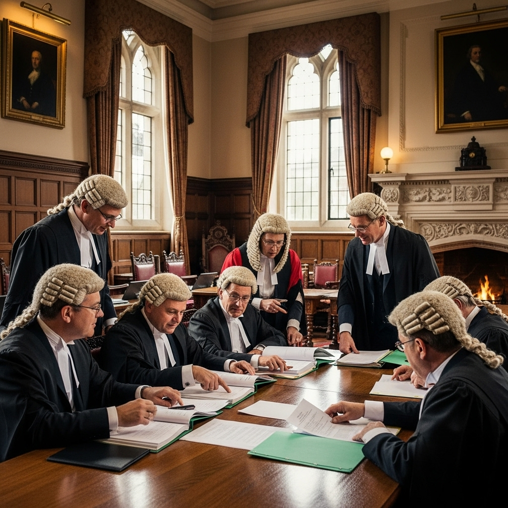 group of British judges discussing case files in Court of Appeal chamber, warm atmosphere