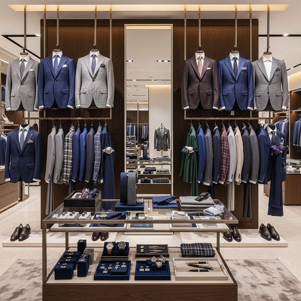 Luxury menswear collection display, elegant suits and accessories, sophisticated retail environment, premium fabrics and textures, modern fashion presentation, no text