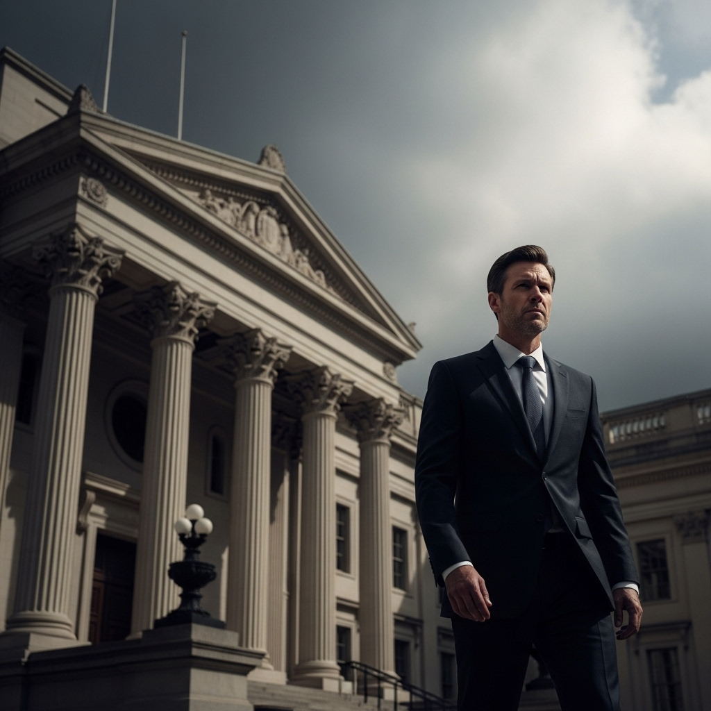 A serious courtroom scene with a man in formal attire walking towards a courthouse building, dramatic lighting with overcast sky, realistic photography style showing the gravity of legal proceedings, no text