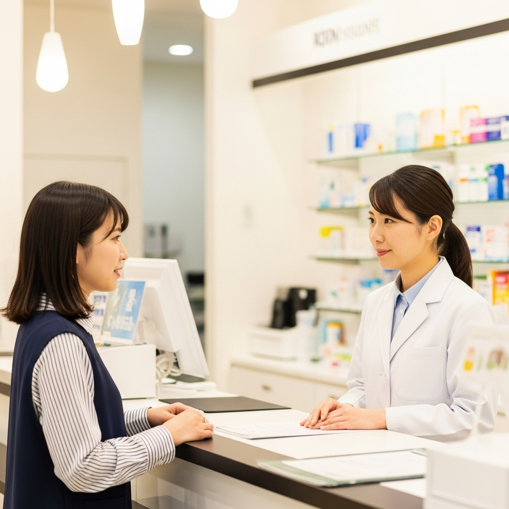 A young Japanese woman at a modern pharmacy counter speaking with a female pharmacist, bright clean interior lighting, professional healthcare setting, consultation atmosphere, lifestyle photography style, no text