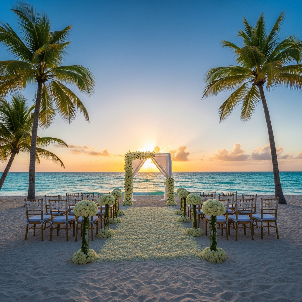 A beautiful Bahamas beach wedding venue with tropical palm trees, white sand, and crystal clear blue water, romantic sunset lighting, destination wedding atmosphere, luxury resort setting, no text