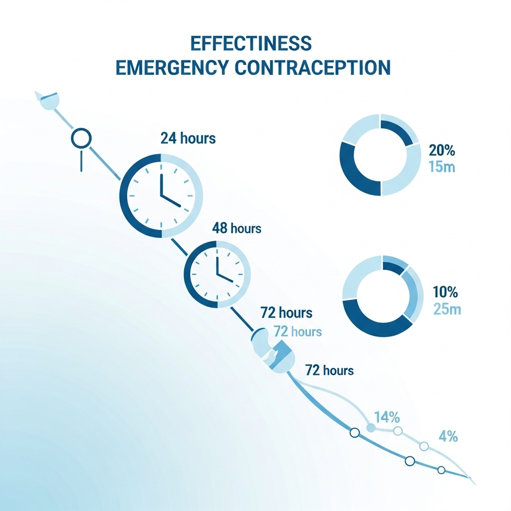 Clean medical infographic showing emergency contraception effectiveness timeline, clock elements, percentage charts, professional healthcare design, soft blue and white color scheme, no text