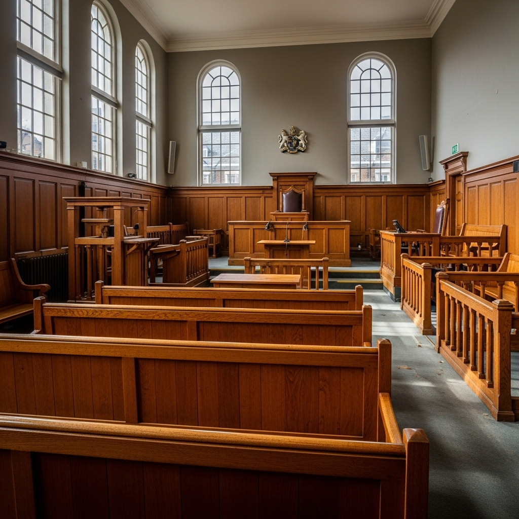 Interior of a British magistrates court with wooden benches, judge's bench, and formal legal setting, serious atmosphere with natural lighting through tall windows, traditional courtroom architecture, no text