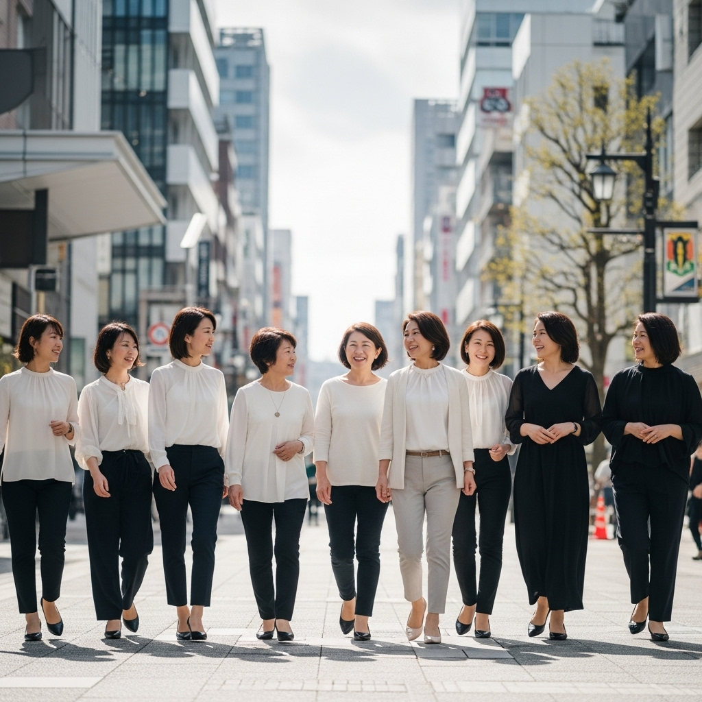 Empowering scene of diverse Japanese women of different ages walking confidently in an urban setting, bright daylight, modern city background, representing healthcare accessibility and women's rights, lifestyle photography, no text