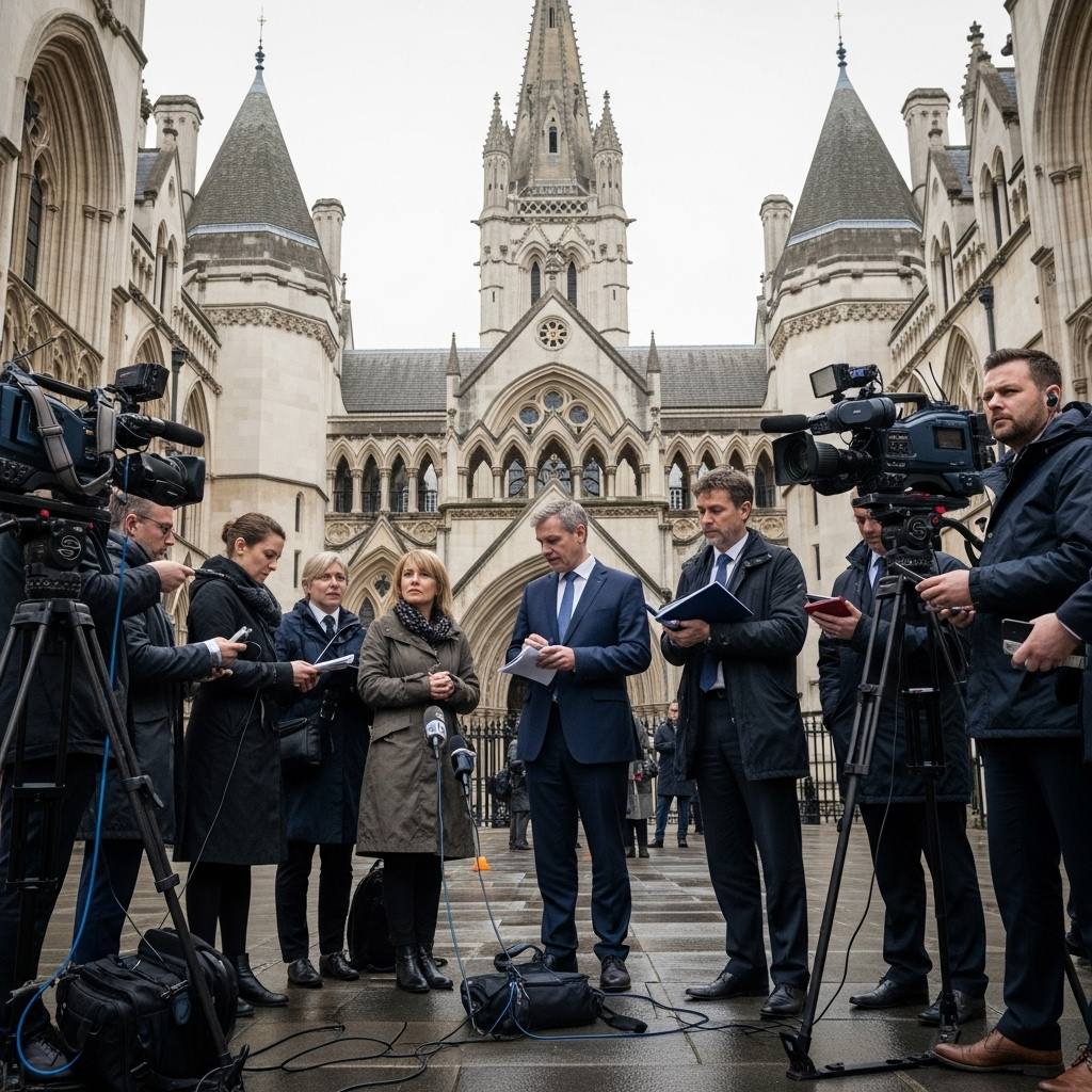 Professional journalism scene with reporters and cameras outside a courthouse, serious news gathering atmosphere, British legal building in background, overcast weather, realistic documentary style photography, no text