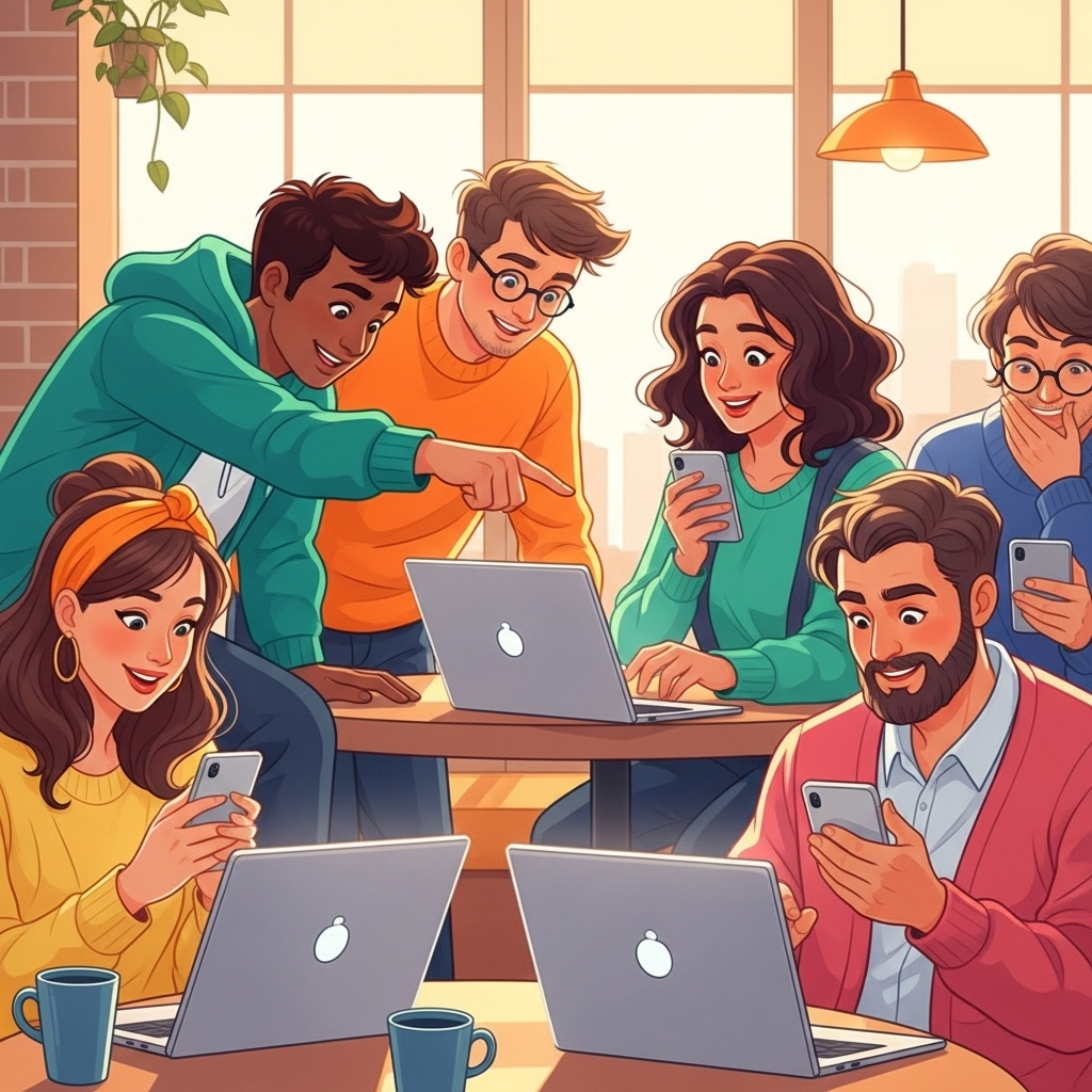A fun and lively illustration of people taking an online personality quiz on laptops and phones, with expressions of curiosity and laughter. Bright atmosphere, warm lighting, no text.