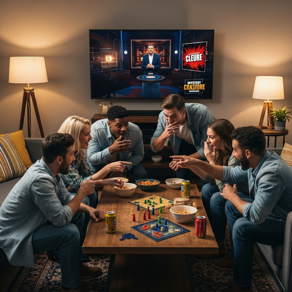 Lifestyle photo of people gathered around a table watching a mystery game show on TV, reacting with excitement. Warm indoor lighting, casual atmosphere, no text.