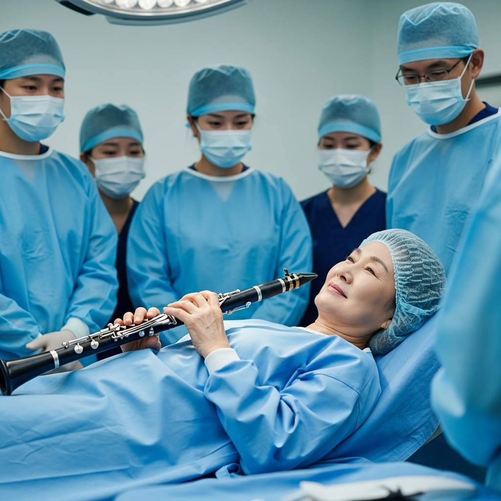 A Korean woman in her 60s, wearing a patient gown, is lying on an operating table with a surgical cap. She is gently holding a clarinet and smiling faintly, while medical staff in surgical masks and gowns are observing her. The background shows a modern operating room. Style: lifestyle photography. No text.