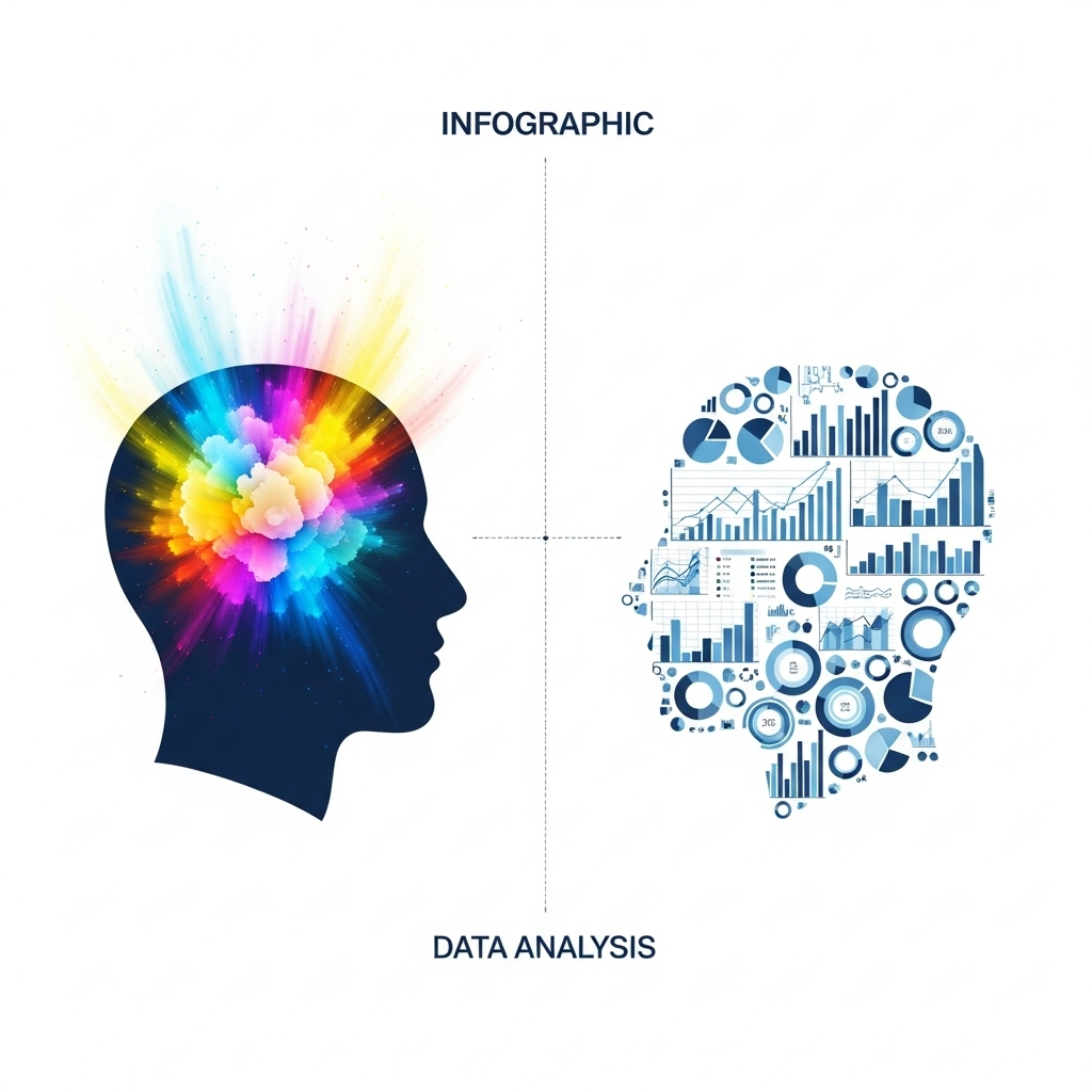 Infographic showing two minds: one glowing with intuition (bright colors) and the other analyzing data charts. Clean design, white background, no text.