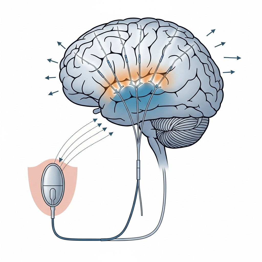 An infographic illustrating the deep brain stimulation (DBS) process. Show a simplified diagram of a human brain with electrodes implanted in specific areas, connected to a neurostimulator in the chest. Arrows indicate electrical impulses. Use clean, scientific iconography. No text.