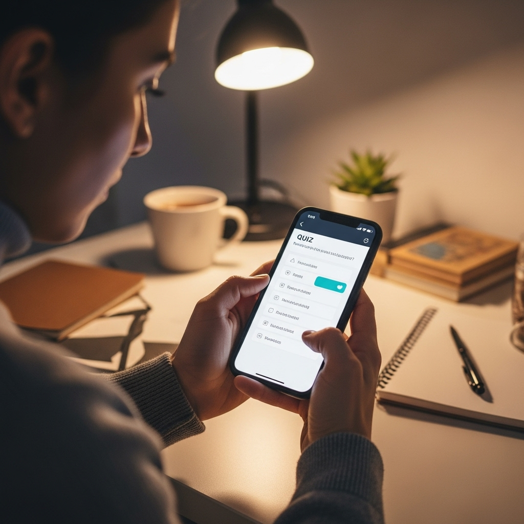 Person thoughtfully answering multiple-choice online quiz questions on a smartphone, cozy desk environment, clean background, no text.