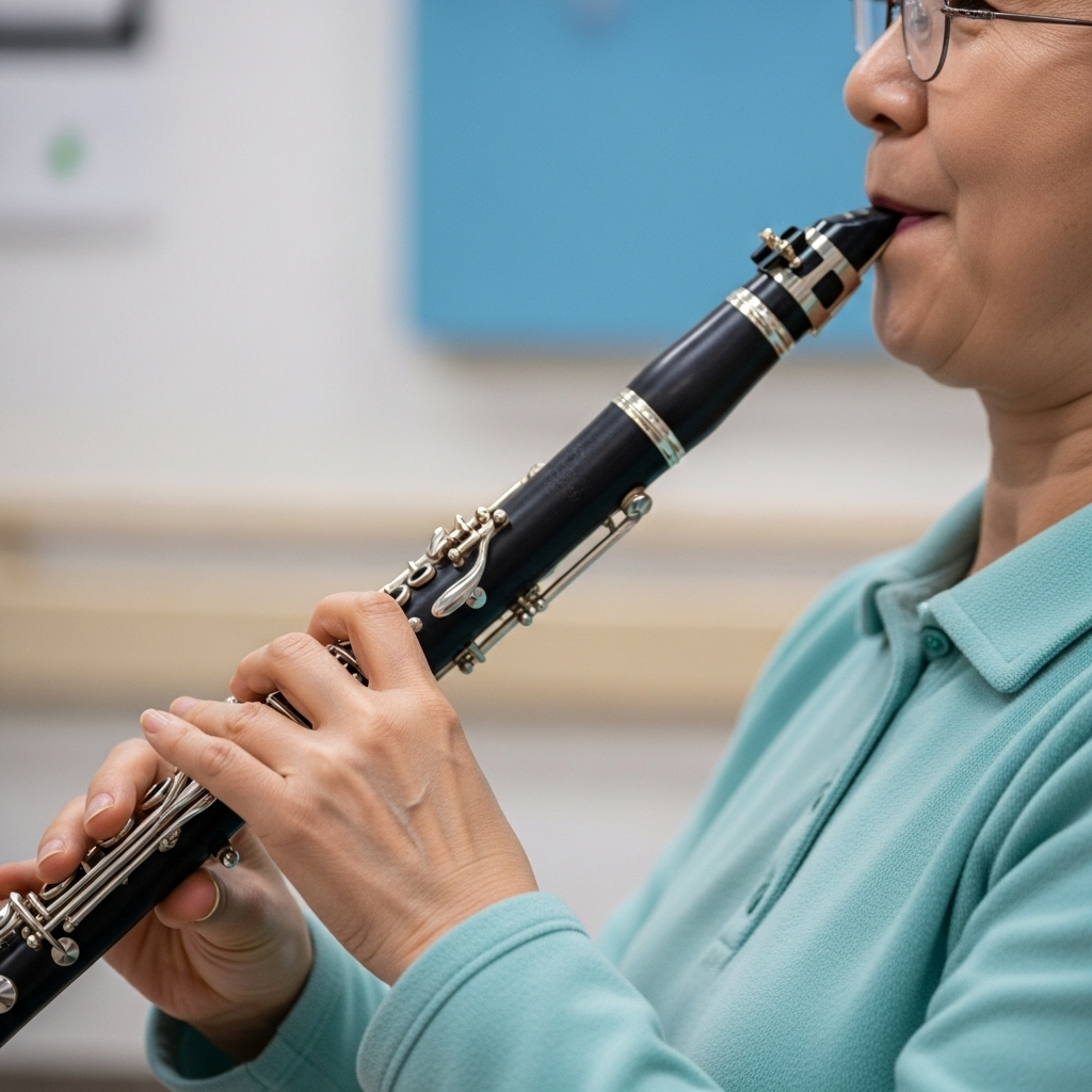 Close-up lifestyle photography of a Korean woman's hands, aged 60s, skillfully playing a clarinet. The background is slightly blurred, suggesting a hospital setting, but the focus is on her nimble fingers and the instrument. Her expression is one of joyful concentration. Natural lighting. No text.